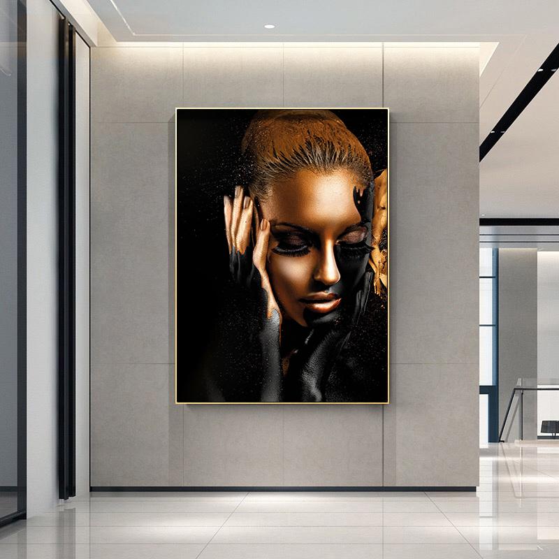Goldenes schwarzes Leinwand-Poster, nackte afrikanische Frau, Ölgemälde, Wandkunst, Poster und Drucke, Wandbilder für Wohnzimmer, Heimdekoration