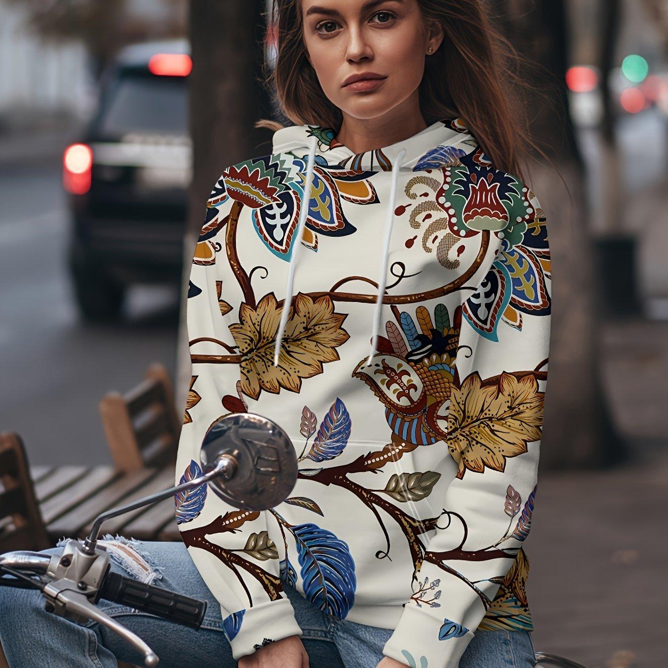 

Женская толстовка с цветочным принтом и карманом-кенгуру - стильная толстовка с длинным рукавом и завязками для повседневной носки - удобная, модная, всесезонная мода 3XL