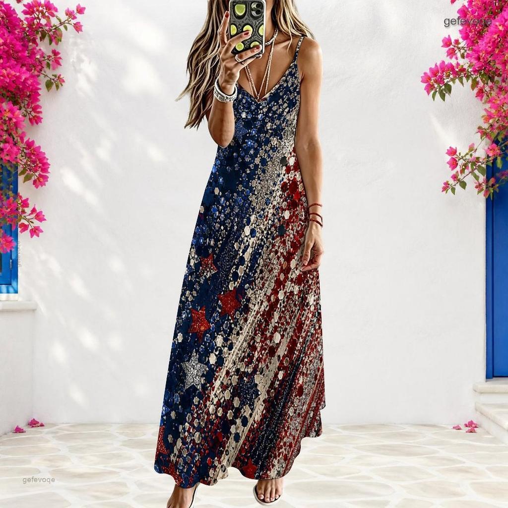 Women Plus Size Off Shoulder V Neck Strappy Sleeveless Star Printed A Line Long Dress
