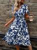 V-Neck Leaf Print Short Sleeve Belted Dress for Women
