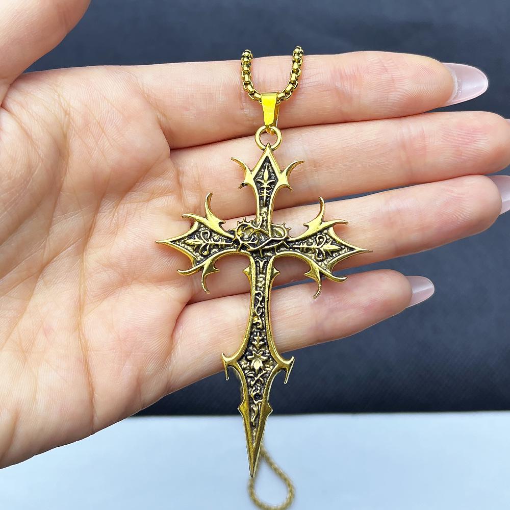 Retro Gothic Cross Pendant Necklace - Unisex Ethnic Pattern Sweater Chain