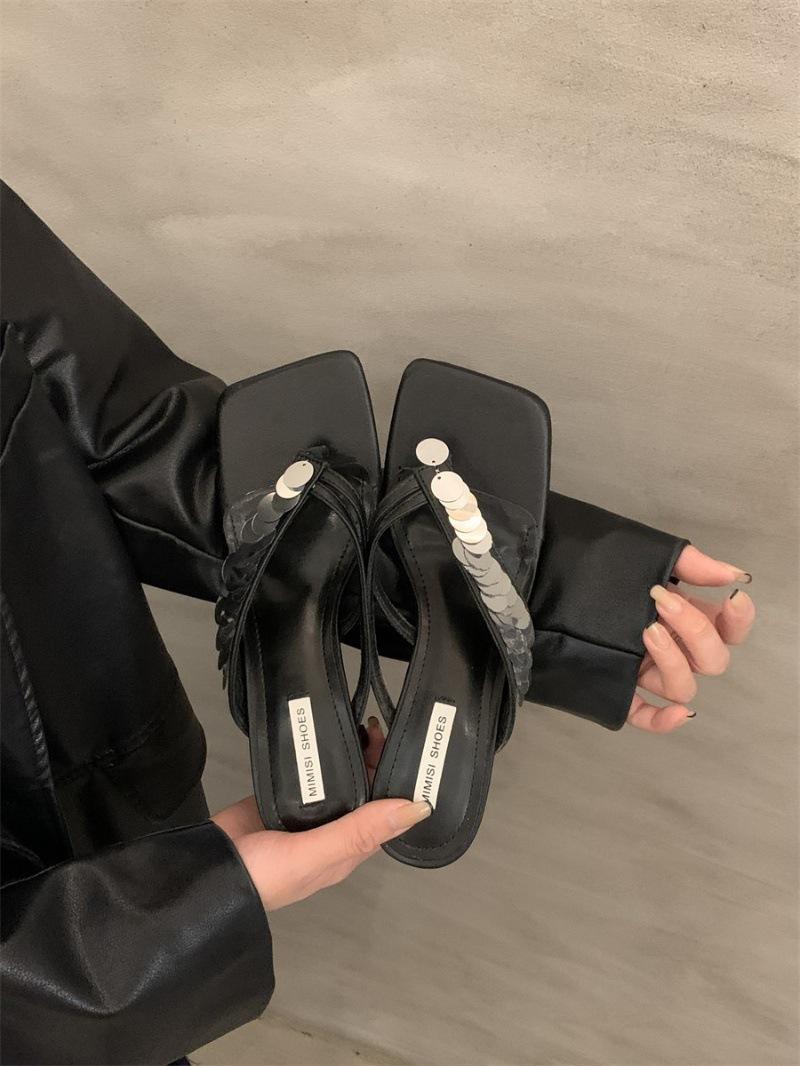 

Новые французские шлепанцы на шпильке для лета 2024 года, нишевый дизайн, босоножки на высоком каблуке с пайетками 39 серебряный