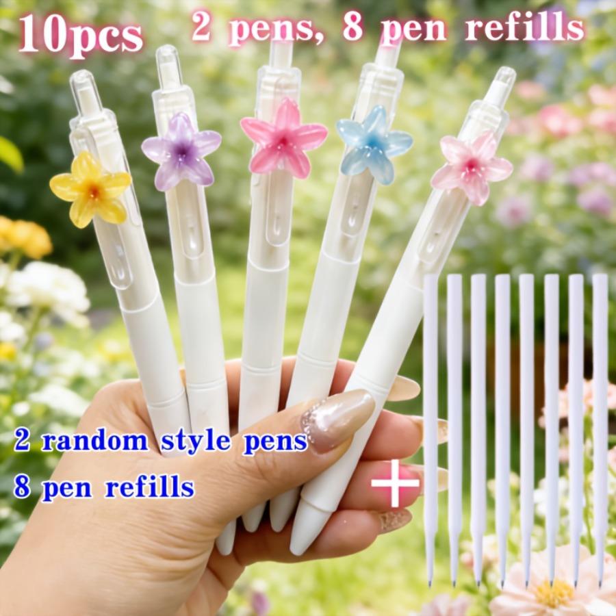 10-Pcs Colorful Small Flower Ballpoint Pens (2pcs Pens And 8pcs Refills) Random Colors, 0.5Mm Black Ink, Cute Flower Quick-Dry Writing Pens