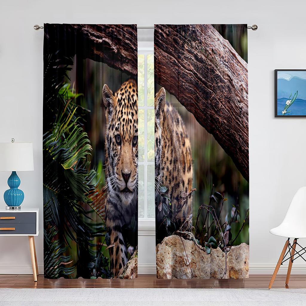 Leopard Safari Gepard Wildtier Thema Muster Tüll Vorhänge für Wohnzimmer Schlafzimmer Transparent Durchsichtig Voile Fenstervorhang