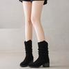 Krazing Pot Cow Suede Nubuck Winter Round Toe Modern Boots Med Heels Slip On Pleated Decoration Women Mid-calf Boots