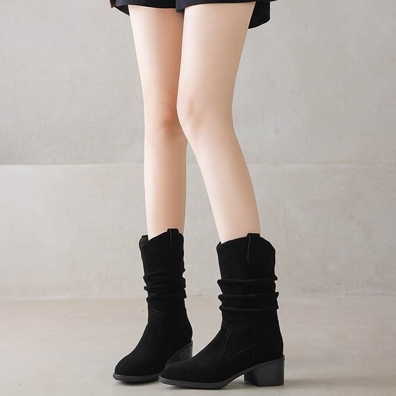 Krazing Pot Cow Suede Nubuck Winter Round Toe Modern Boots Med Heels Slip On Pleated Decoration Women Mid-calf Boots