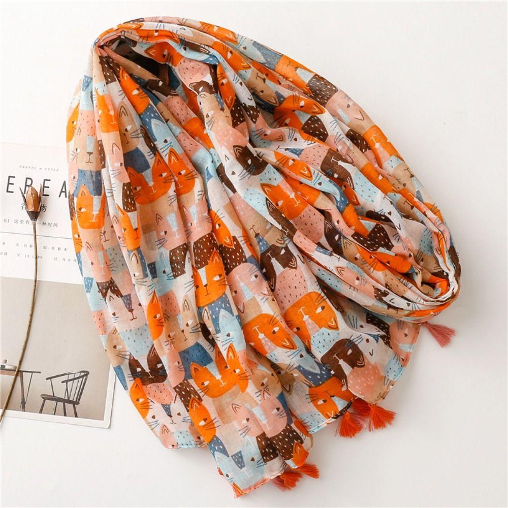 Large Cat Pattern Tassel Scarf Bohemian Ethnic Style Wrap Simple Animal Print Scarves  Vacation