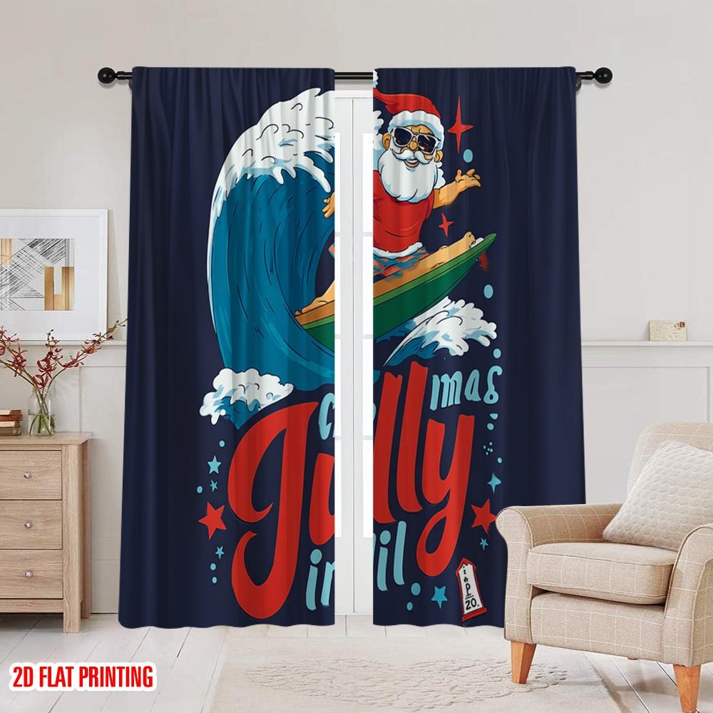 2pcs,2D Plane Printing Curtains&Window Treatment Surfing Santa & Reindeer Versatile Polyester Fabric (without Rod) Decorations