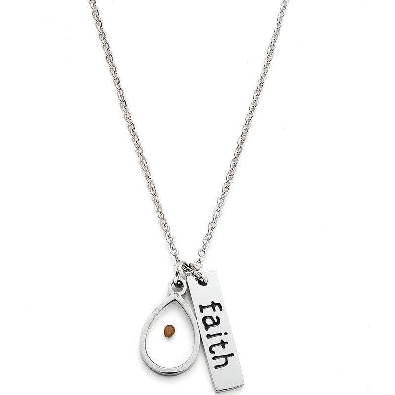 Simple and Fashionable Faith Waterdrop Heart-shaped Mustard Seed Long Strip Engraved Stainless Steel Pendant Necklace Water droplet