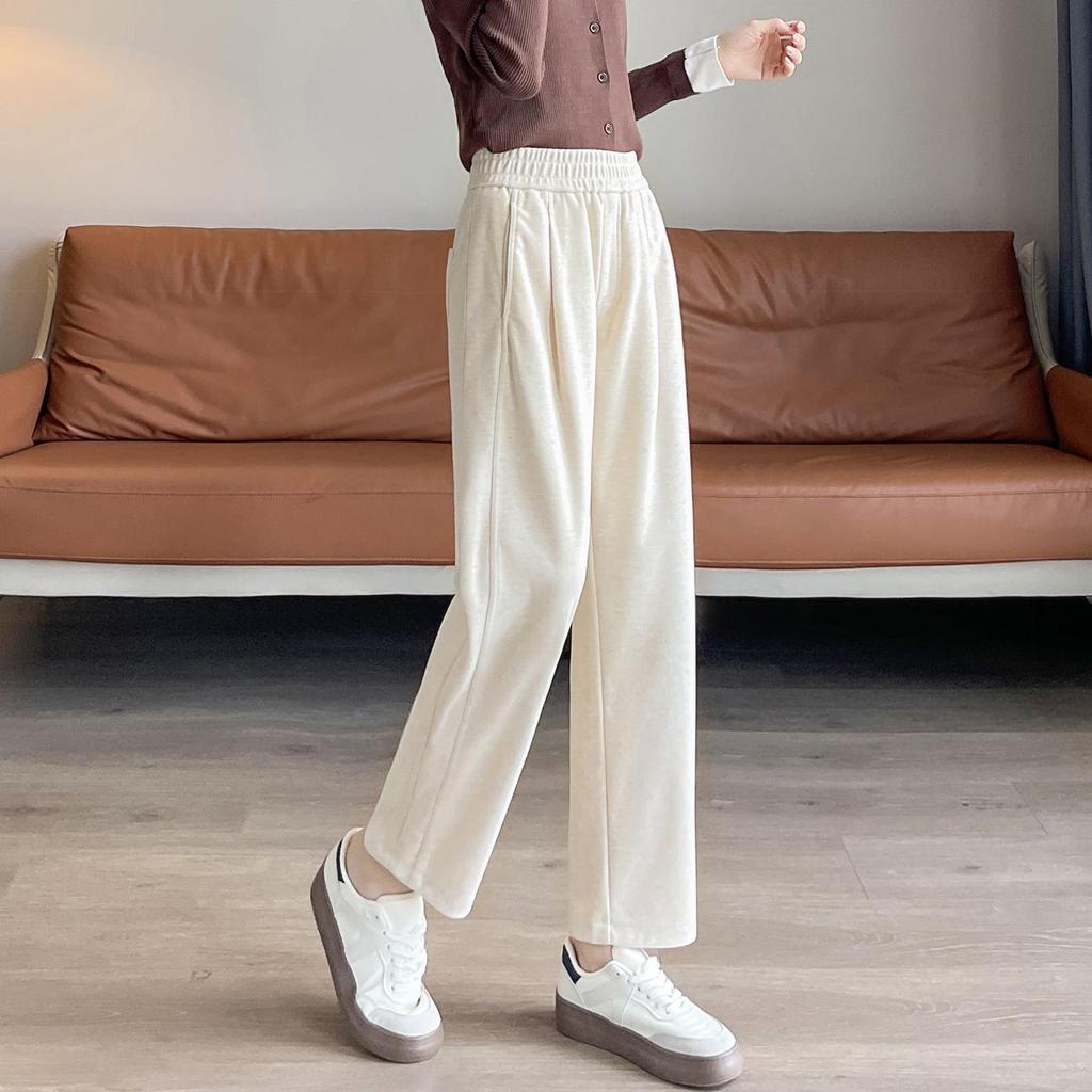 Damskie Jesienne Luźne Wyszczuplające Spodnie z Wełny Flanelowej - Acetat, Prosta Nogawka, Styl Draperowany