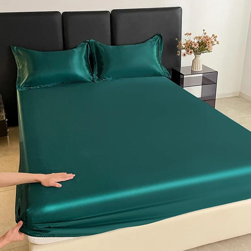 1Pc Satin Elastic Fitted Sheet Solid Mattress Cover for Single Double Couple King Queen Full Twin Bedsheet Satin Bed Linen
