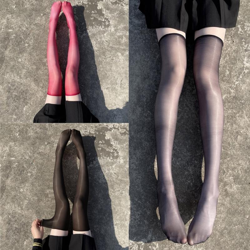 Women Shiny Ultra-Thin Silky Thigh High Stockings Sexy Oily Bright Shimmery Over Knee Long Socks Glossy Hosiery Clubwear