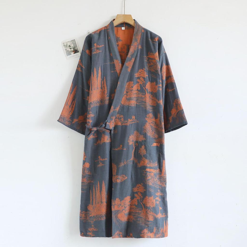 Men's Pure Cotton Jacquard Kimono Robe - Loose Fit, Plus Size, Ideal for Spring to Autumn Sleepwear and Sauna.