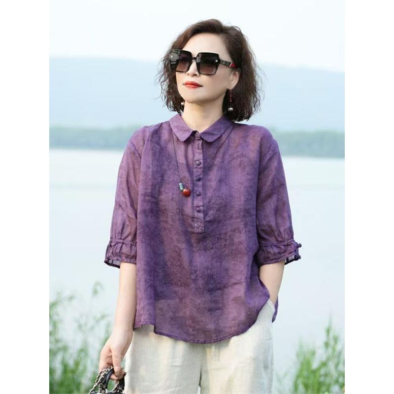 Camisa casual de lino mezclado para mujer con cuello de solapa, media botonadura, manga tres cuartos