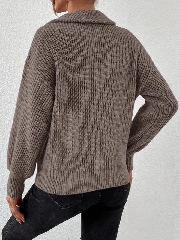 Women's Knitted Polo Collar Zipper Sweater: Solid Color, Loose Fit, Long Sleeve