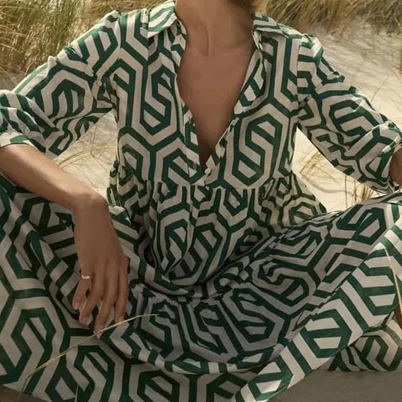 Geometrie Druck Midi Übergröße Lose Frauen Kleider Langarm Sommer Strand Dame Robe