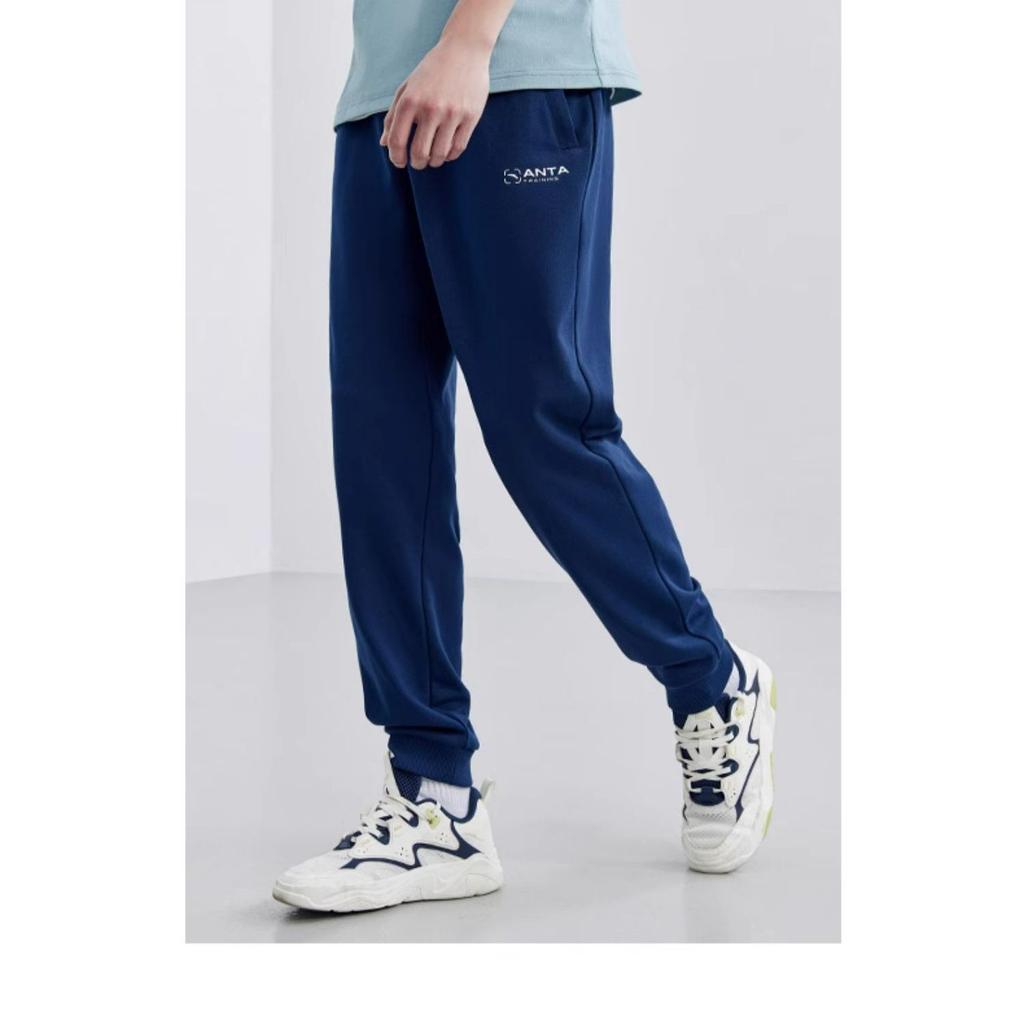 Anta Autumn Solid Color Elastic Waistband Tapered Knit Sports Pants Men Bottoms Blue 952357303-2