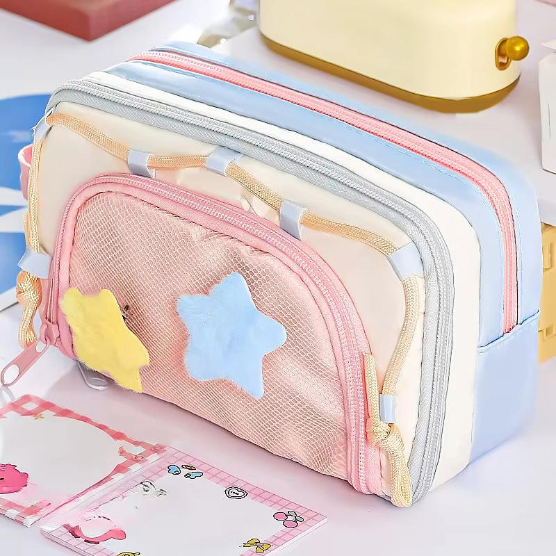 Cute Multi Layer Large Capacity Pencil Case for Kids Girl Five Point Star Stationery Organizer Students Portable Pen Bag
