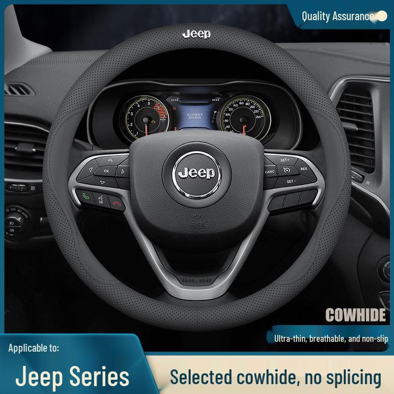 Universal Genuine Leather Steering Wheel Cover for Jeep Cherokee, Wrangler, Compass, Renegade - All-Season Use