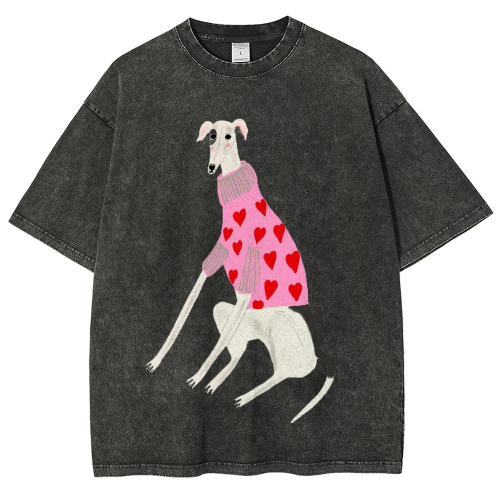 Retro Water Wash Vintage Men's and Women's T-shirts Cartoon Cartoon Funny Dog Print Short Sleeves High-quality Clothing