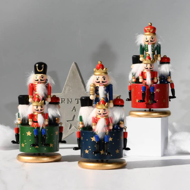 23cm Wooden Nutcracker Soldier Music Box Rotating Music Box Nutcracker Christmas Decoration Home Wooden Music Box Christmas Gift