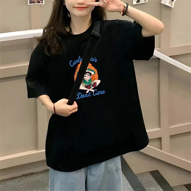

Sweet and fresh pure cotton black short-sleeved T-shirt for girls summer new casual versatile five-quarter-sleeved top and clothing ins tide XXXL