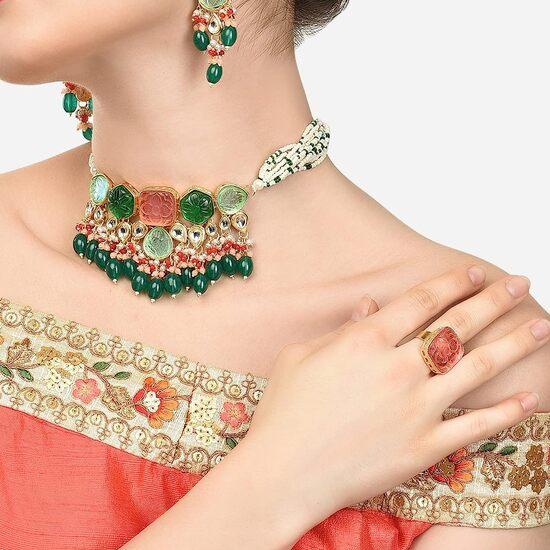 

Свадебные украшения с зеленым камнем, жемчужное колье, ожерелье, серьги и кольцо, набор для женщин