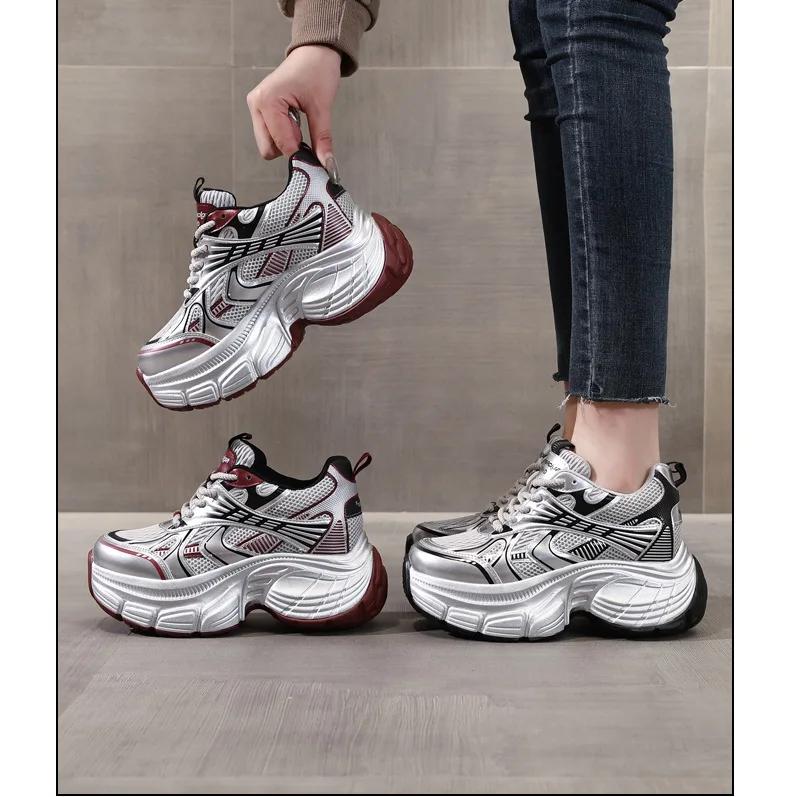 Fashion 8cm Air Mesh Summer Microfiber Genuine Leather Loafer Fashion Comfy Chunky Sneakers Women Vulcanize Platform Wedge Shoes