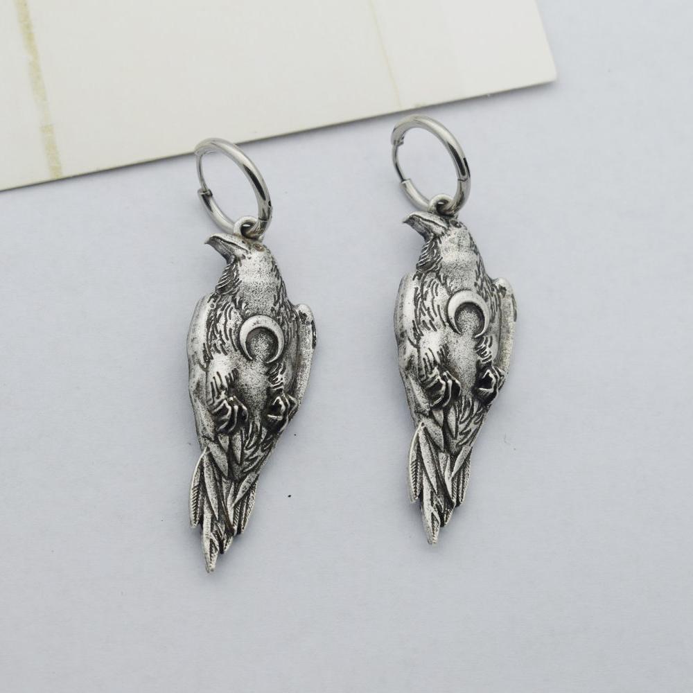 Norse Viking Wiccan Moon Phase Raven Earrings Stainless Steel Hook Handmade Jewelry