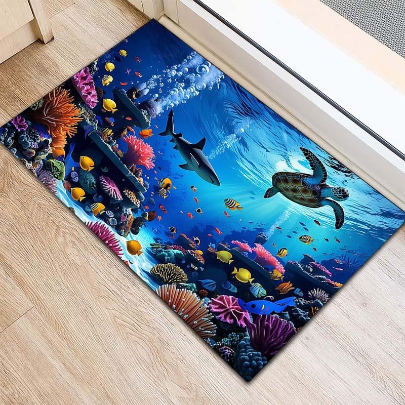 Underwater World Non-Slip Doormat, Ocean Shark Turtle Floor Rug for Home 60x90cm