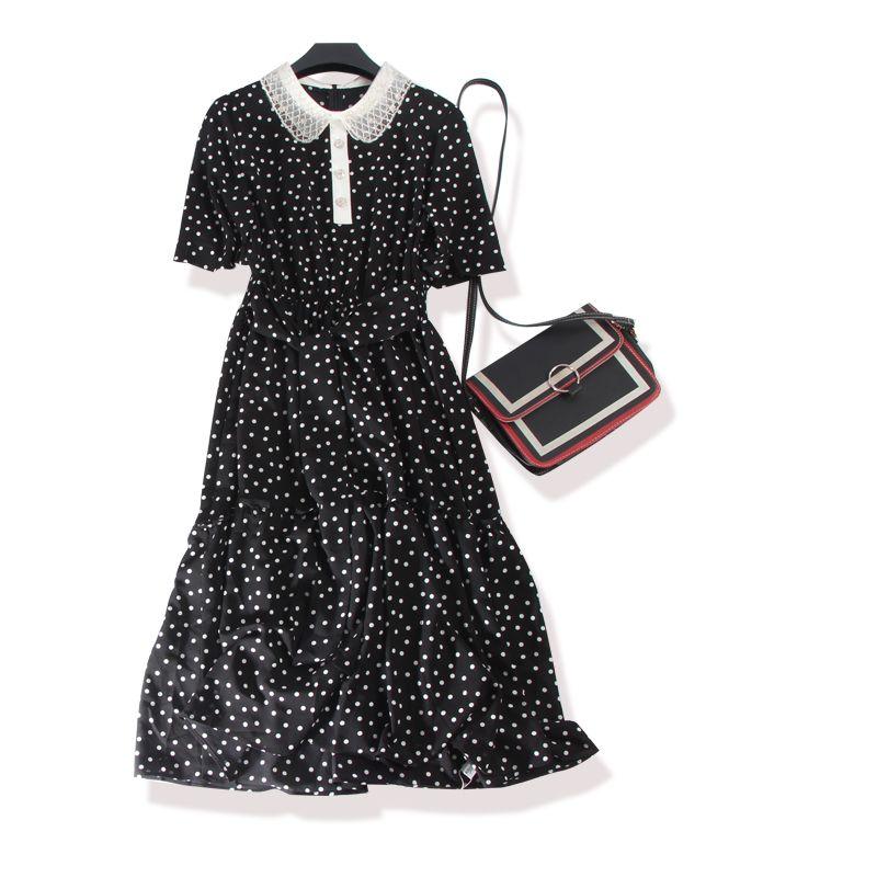 

French Style Peter Pan Collar Travel Dating Dress Silk Yarn Black XL