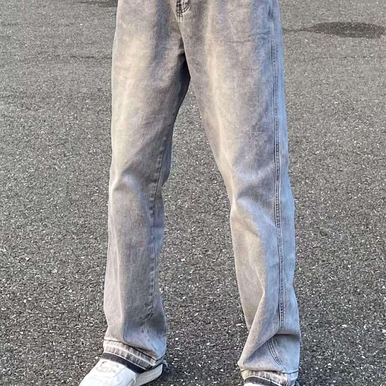 

Унисекс светло-серые прямые джинсы в американском стиле с потертостями и необработанным краем XL