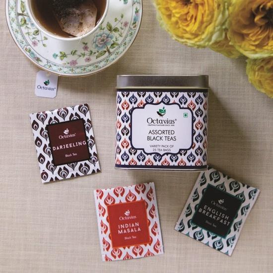 Octavius Assorted Black Tea – 25 Teebeutel | Tee-Geschenksets zum Valentinstag | 3 verschiedene Schwarztees | Indian Masala, Assam, Darjeeling