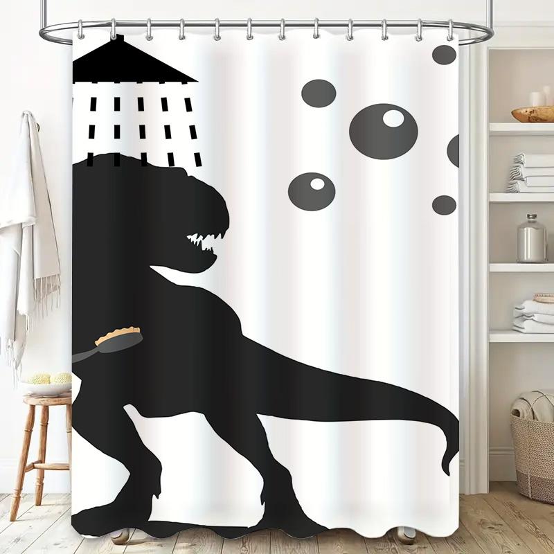 Stylish T-Rex Shower Curtain Set For Bathroom Decor Black Silhouette Design With Bubble Pattern