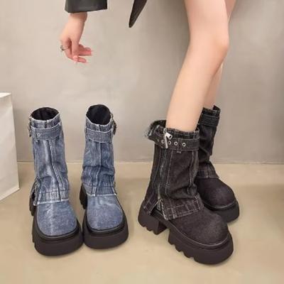 2024 Designer Denim Damen Stiefeletten Mode Elegant Seitliche Reißverschlüsse Gürtelschnalle Schuhe Dicker Absatz Damen Morder Kurze Stiefeletten