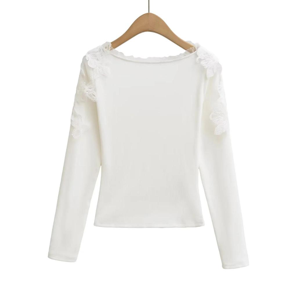 Pure Desire U-neck Lace Patchwork Fleece Long-Sleeve T-shirt for Women - Autumn/Winter Slim Fit Short Base Layer