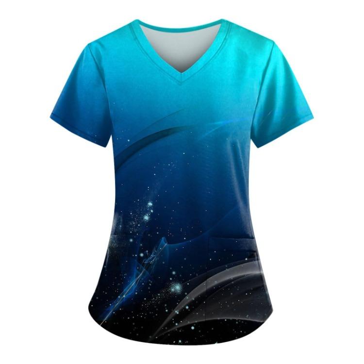 Plus Size Women's V-Neck Short Sleeve Work Scrub Top With Pockets Fun Printed Tee For Working Uniform T-Shirt