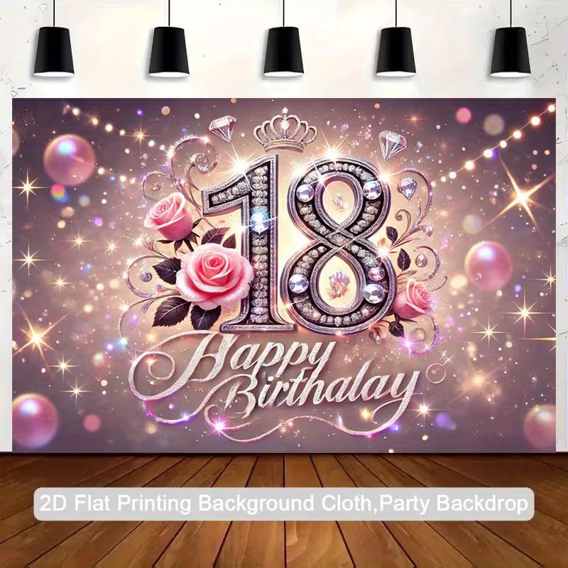 2D Pink Glitter 18th Birthday Backdrop with Crown & Rose for Photoshoot