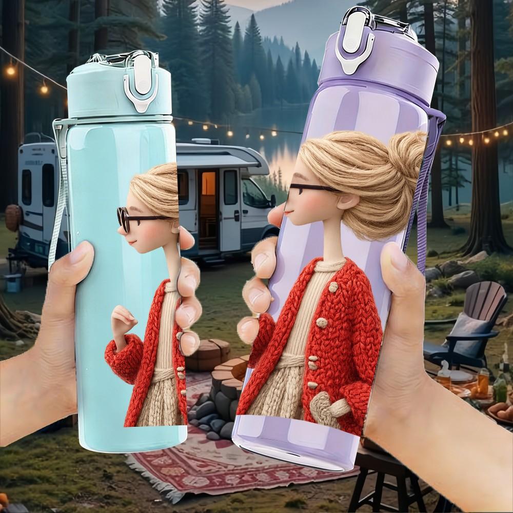 1PC Lady With High Bun Red Coat Portrait Print 750ml Color Plastic Sports Water Bottle Leakproof Flip Straw Lid Suitable for Sports Office Home Use