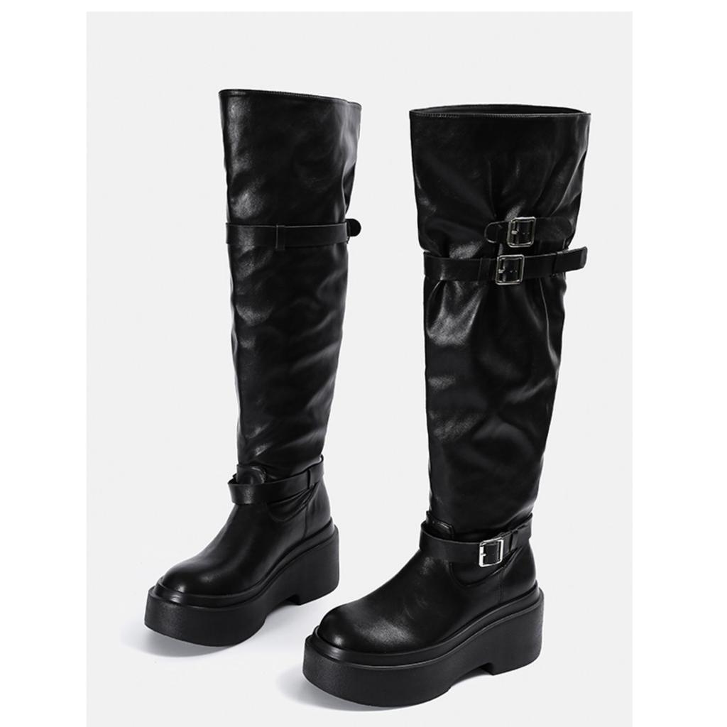 Retro round head thick-soled over-the-knee boots for women 2025 new large tube circumference pleated high boots belt buckle fashion boots for women