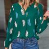 Women's Fashion Loose V-Neck Feather Print Long Sleeve Pullover Shirt Top