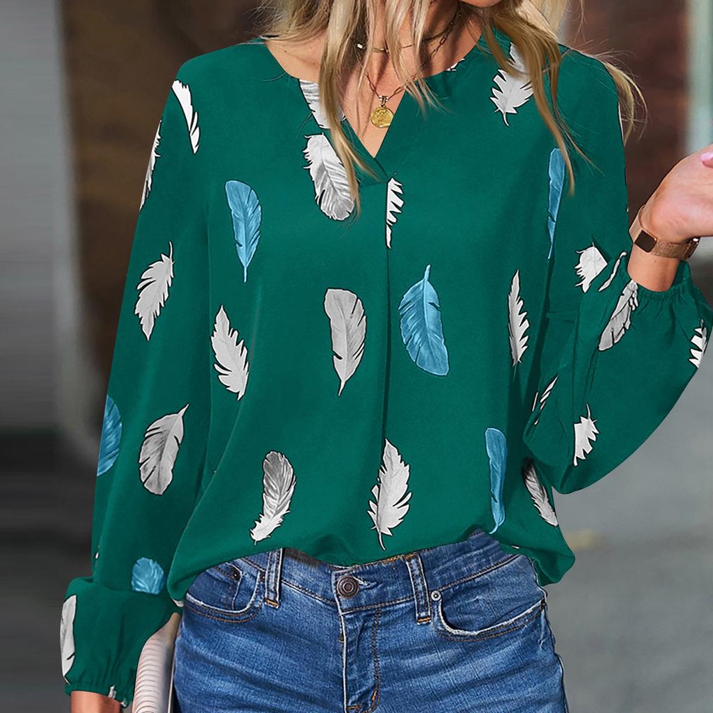 Women's Fashion Loose V-Neck Feather Print Long Sleeve Pullover Shirt Top