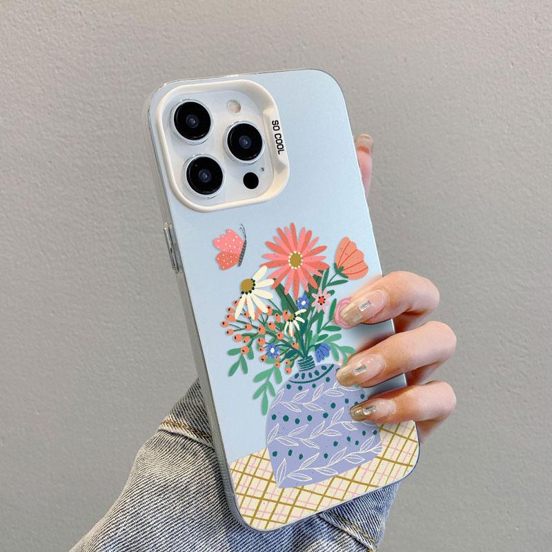 Vintage Art Hand Drawn Flowers Laser Phone Case For iPhone 17 16 Pro Max 15 14 Pro Max Plus 13 Mini 12 11 Pro Max Cover Fundas