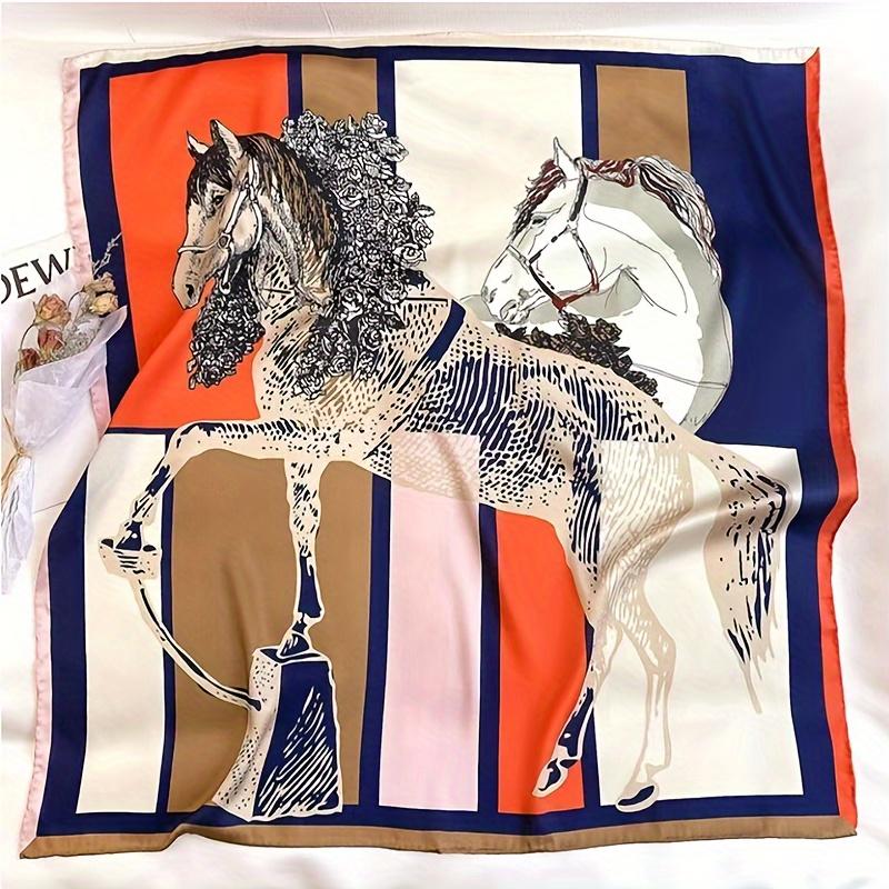 

27.5 Horse Print Square Scarf Multicolor Simulated Silk Thin Breathable Neck Scarf Retro Style Sunscreen Headscarf For Women 70x70cm