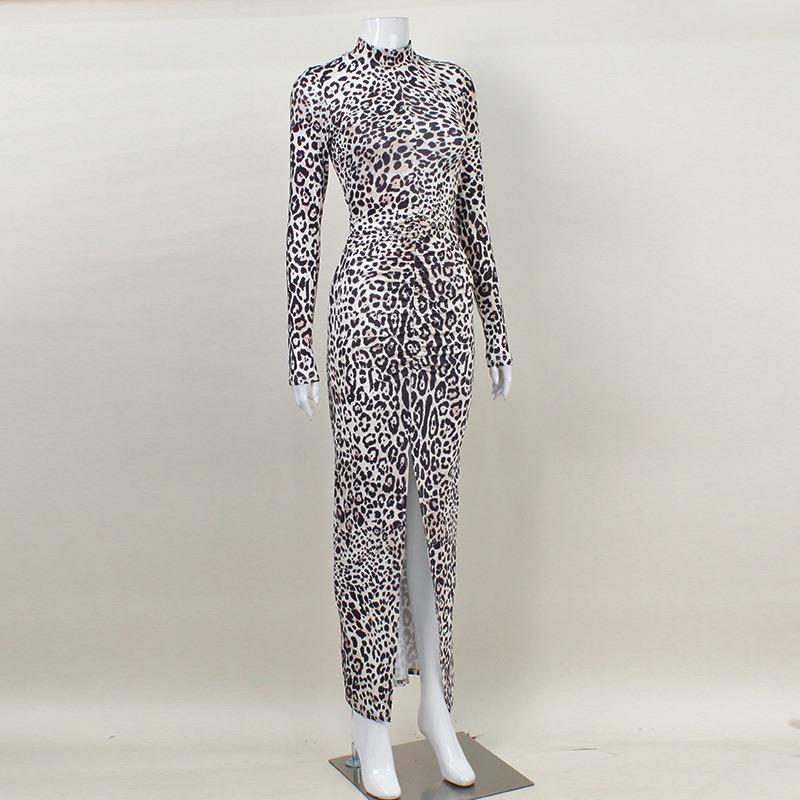 Women's Round Neck Long Sleeve Tight Bag Hip Slit Sexy Hot Casual Fashion Leopard Print Dress