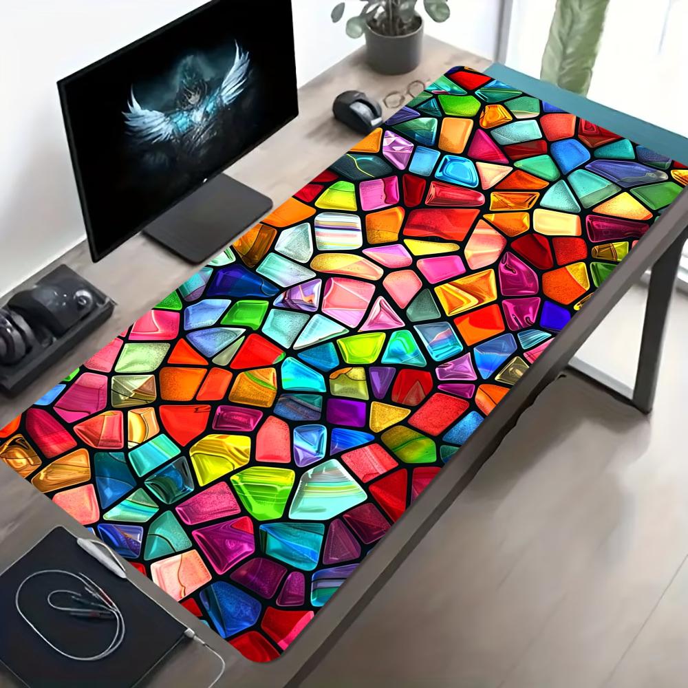 Colorful Stained Glass Print Gaming Mousepad Large Desk Mat AntiSlip Rubber Base Stitched Edge Keyboard Mat For Gamers Computer