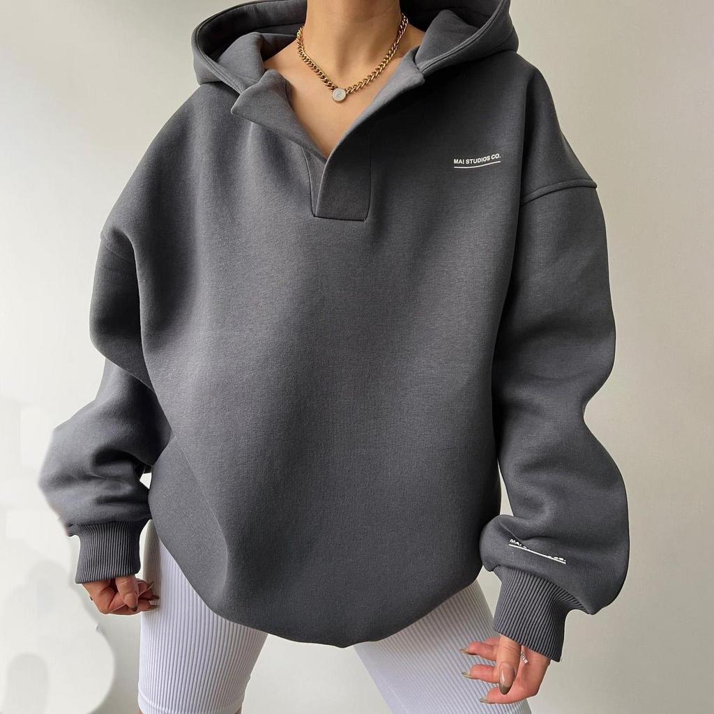 Damen Langarm Kapuzenpullover V-Ausschnitt Lockere Pullover Damen Tops Einfarbig Sweatshirts