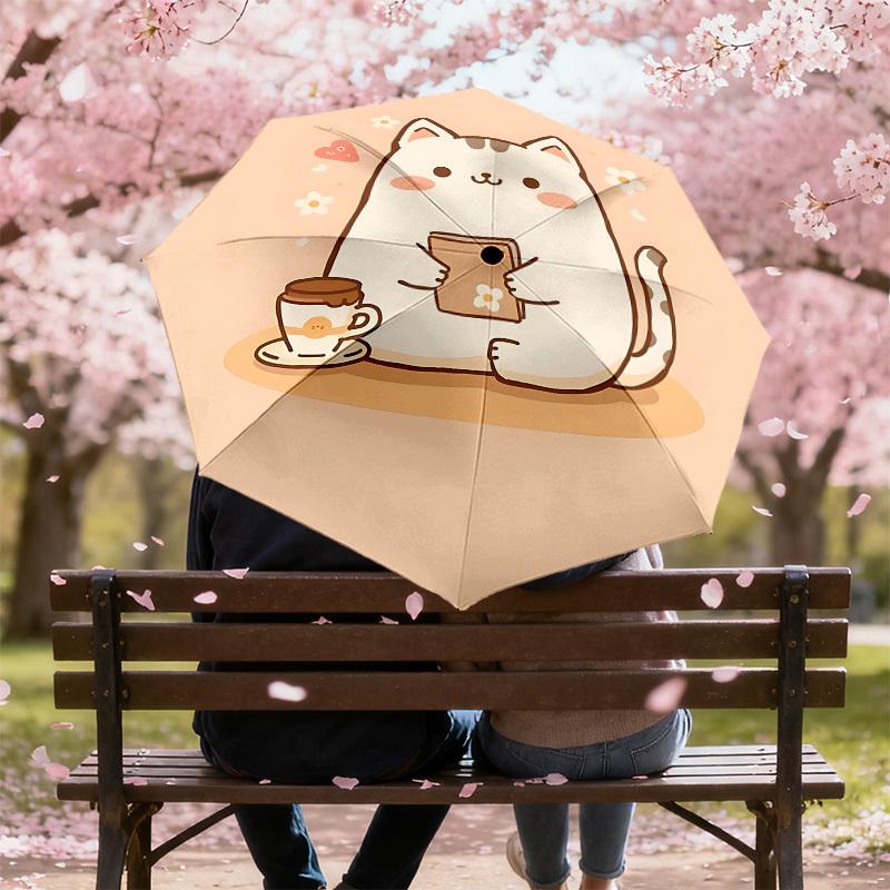 Charming Cat with Coffee and Book: Cute Day Companion   Auto Open/Closed Umbrella, Outdoor Travel Accessory, Lightweight & Durable 118