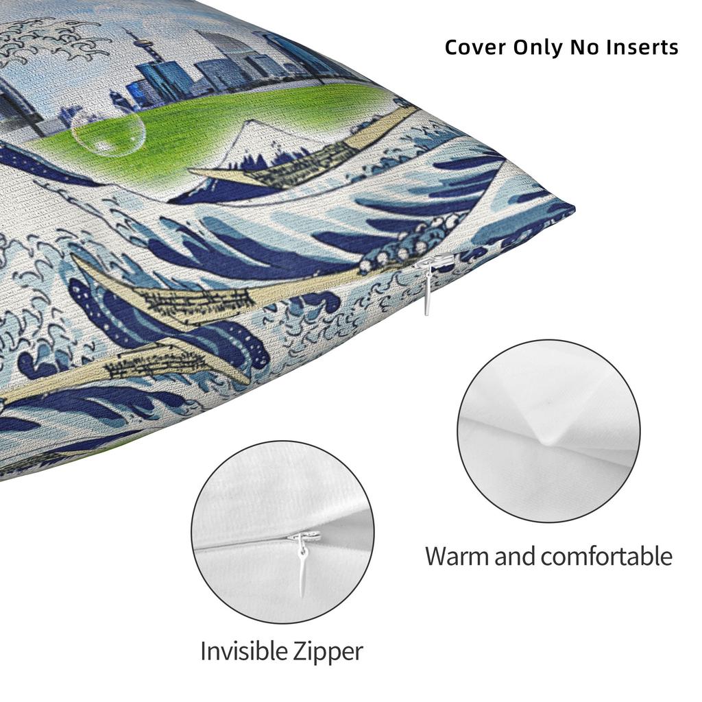 Frutiger Aero Aesthetic Square Pillow Case Tech Great Wave of Kanagawa Fishes Cushion Cover Customized Pillowcover Home 40*40cm