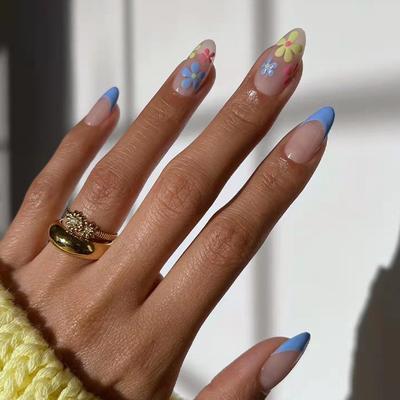 24 Teile/satz Schnelle Nägel Französisch Einfache Blume Mit Blauem Rand Falsche Nials Aufkleber Tragbare Wasserdichte Maniküre Fertige Nägel